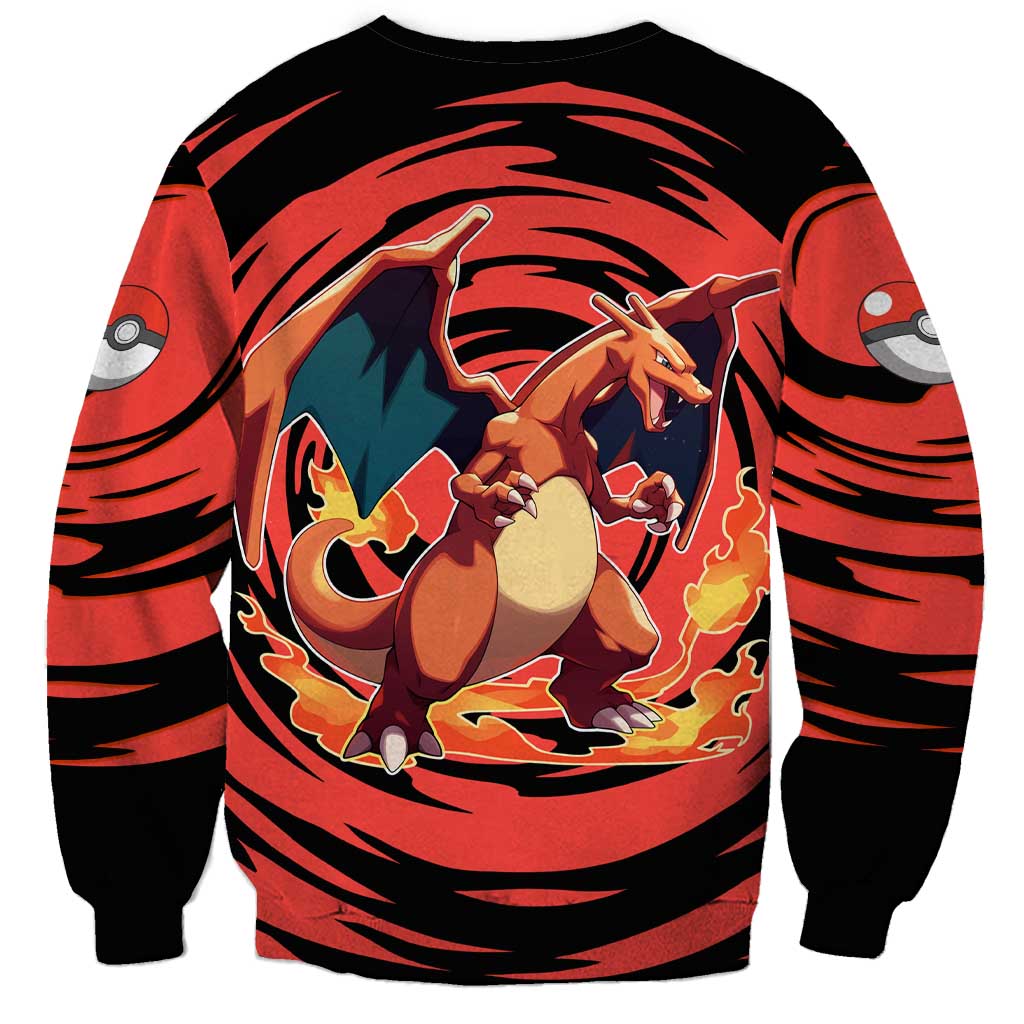 Charizard Pokémon Red and Black Swirl Design Sweatshirt with Flames, Pokéball Accents, and Dynamic Fire-Breathing Pose - The Mazicc