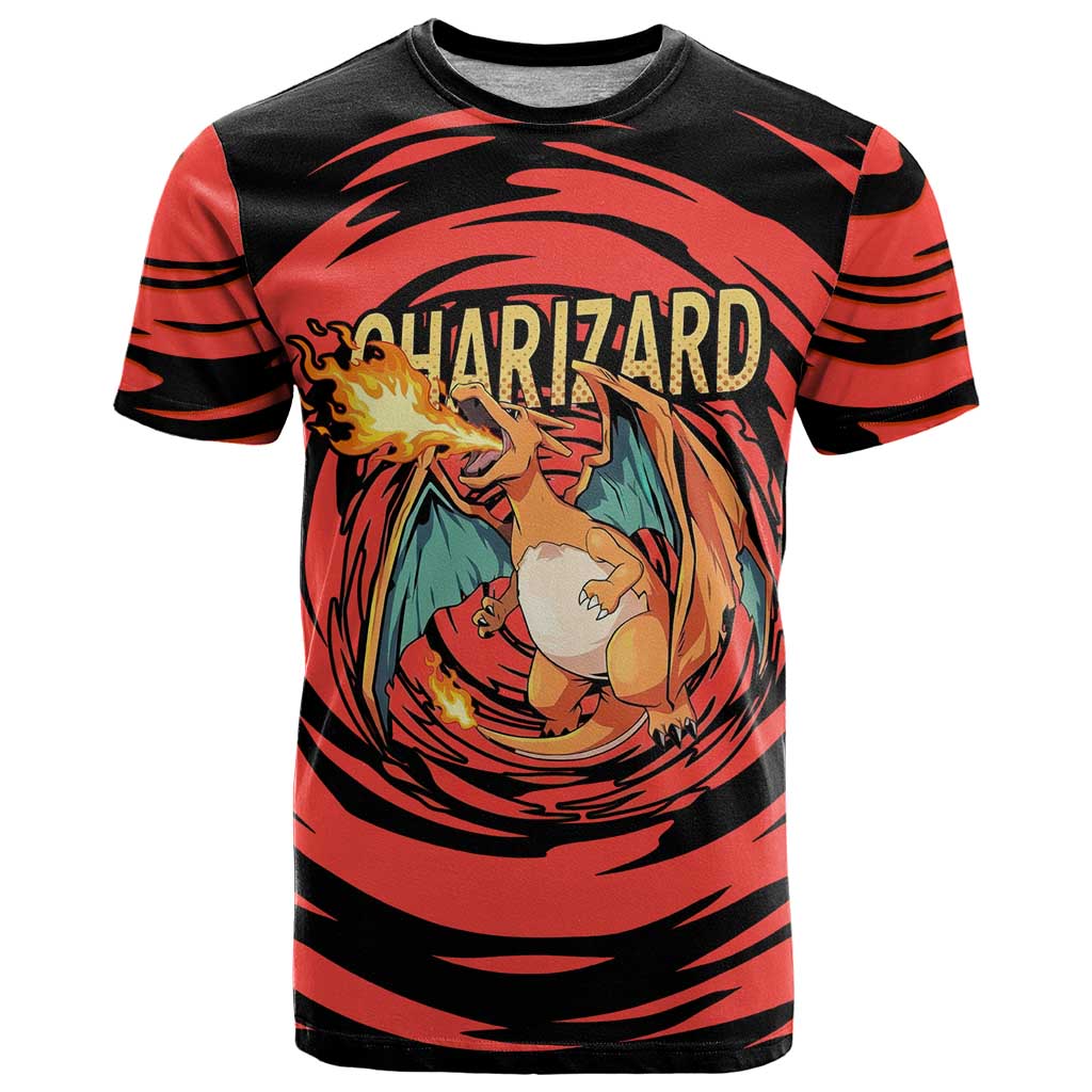 Charizard Pokémon Red and Black Swirl Design T Shirt with Flames, Pokéball Accents, and Dynamic Fire-Breathing Pose - The Mazicc