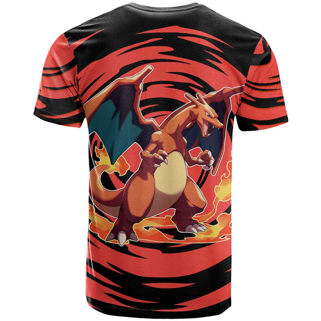 Charizard Pokémon Red and Black Swirl Design T Shirt with Flames, Pokéball Accents, and Dynamic Fire-Breathing Pose - The Mazicc