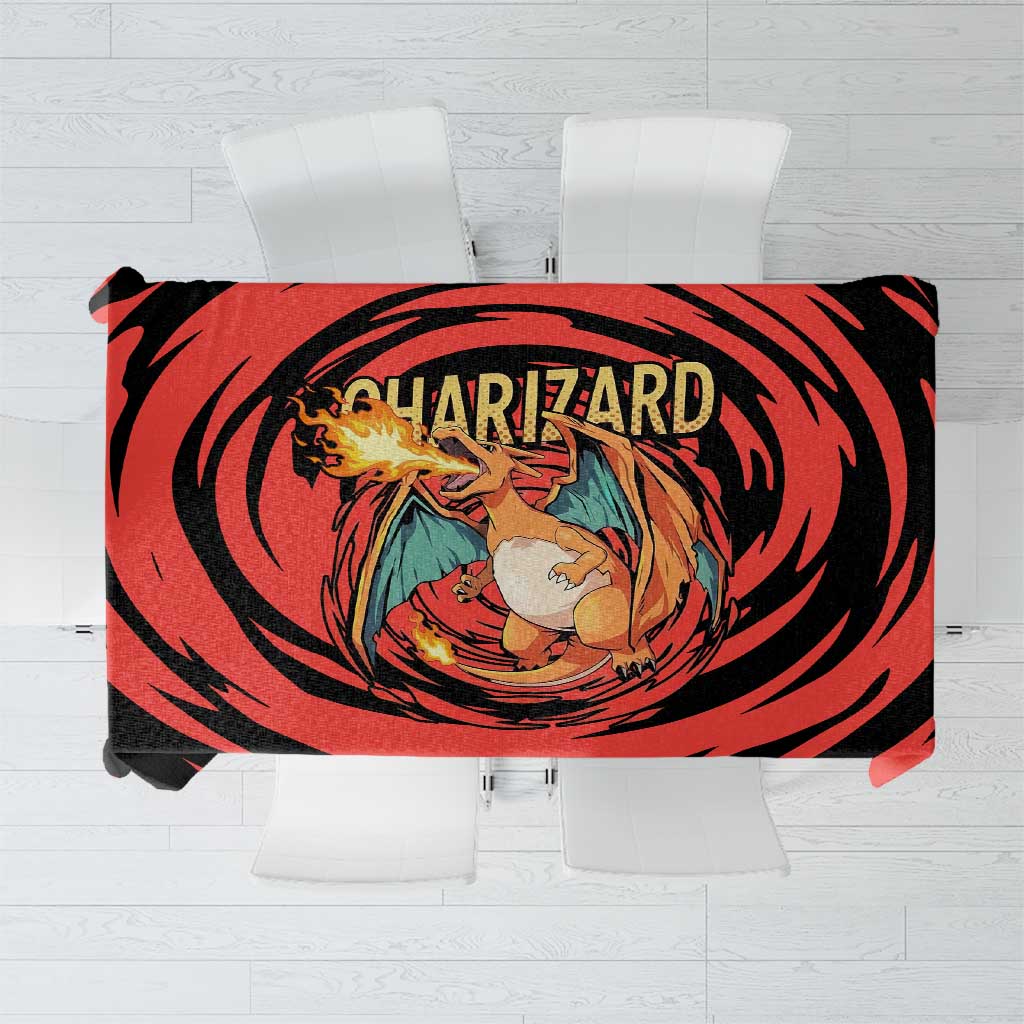 Charizard Pokémon Red and Black Swirl Design Tablecloth with Flames, Pokéball Accents, and Dynamic Fire-Breathing Pose - The Mazicc