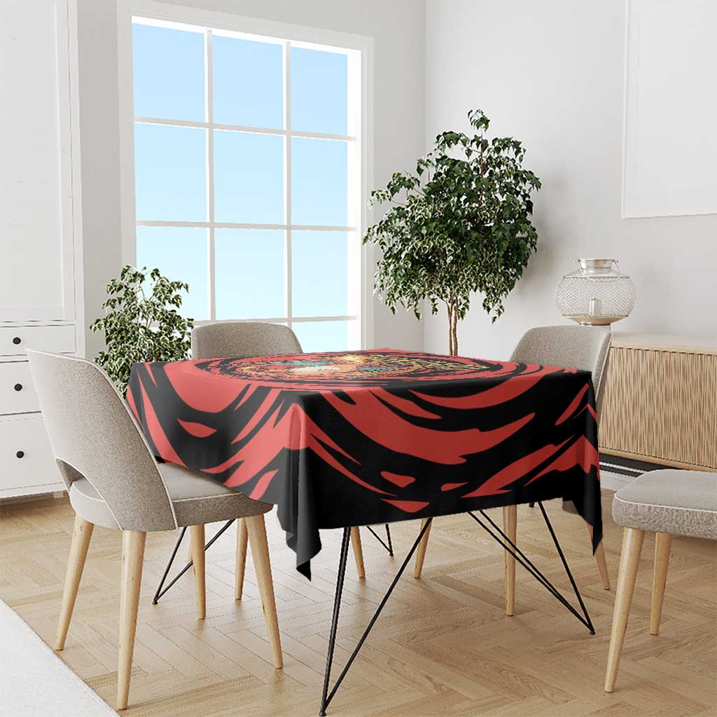 Charizard Pokémon Red and Black Swirl Design Tablecloth with Flames, Pokéball Accents, and Dynamic Fire-Breathing Pose - The Mazicc