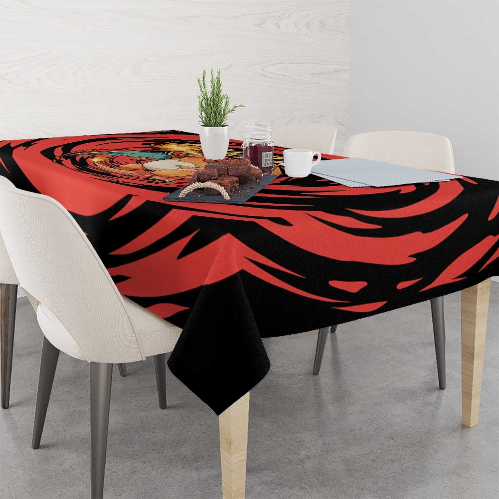 Charizard Pokémon Red and Black Swirl Design Tablecloth with Flames, Pokéball Accents, and Dynamic Fire-Breathing Pose - The Mazicc