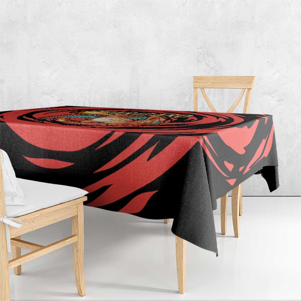 Charizard Pokémon Red and Black Swirl Design Tablecloth with Flames, Pokéball Accents, and Dynamic Fire-Breathing Pose - The Mazicc