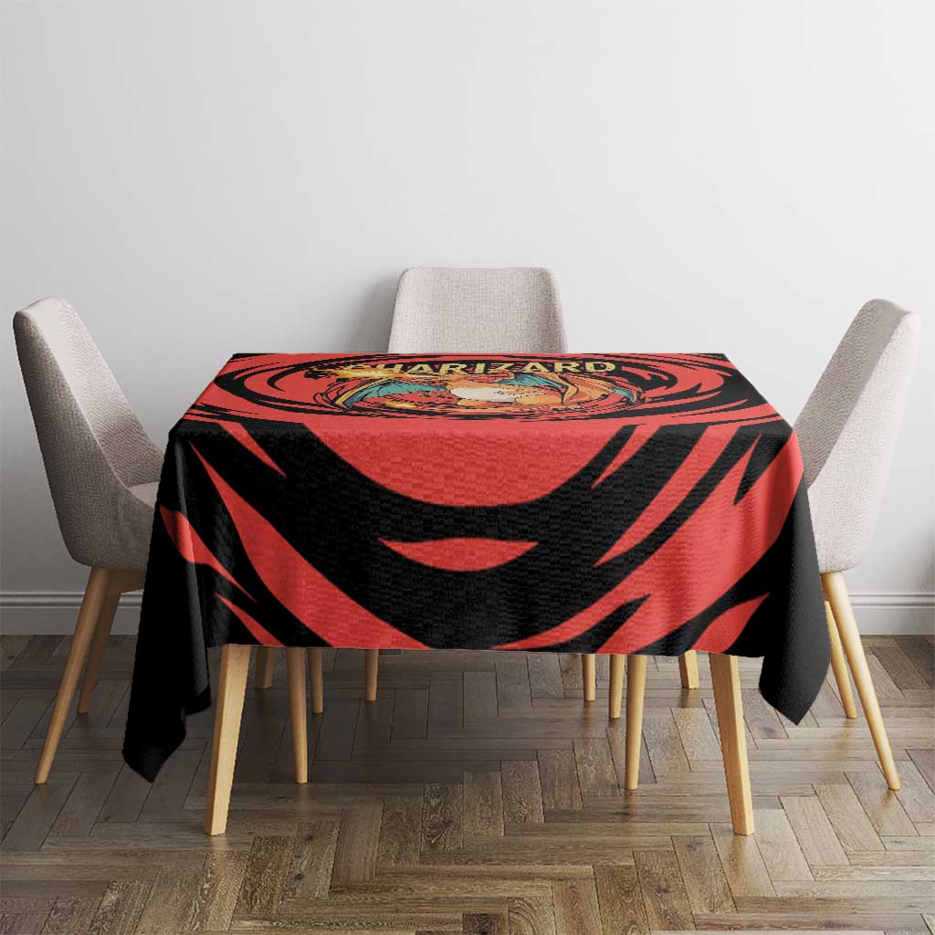 Charizard Pokémon Red and Black Swirl Design Tablecloth with Flames, Pokéball Accents, and Dynamic Fire-Breathing Pose - The Mazicc