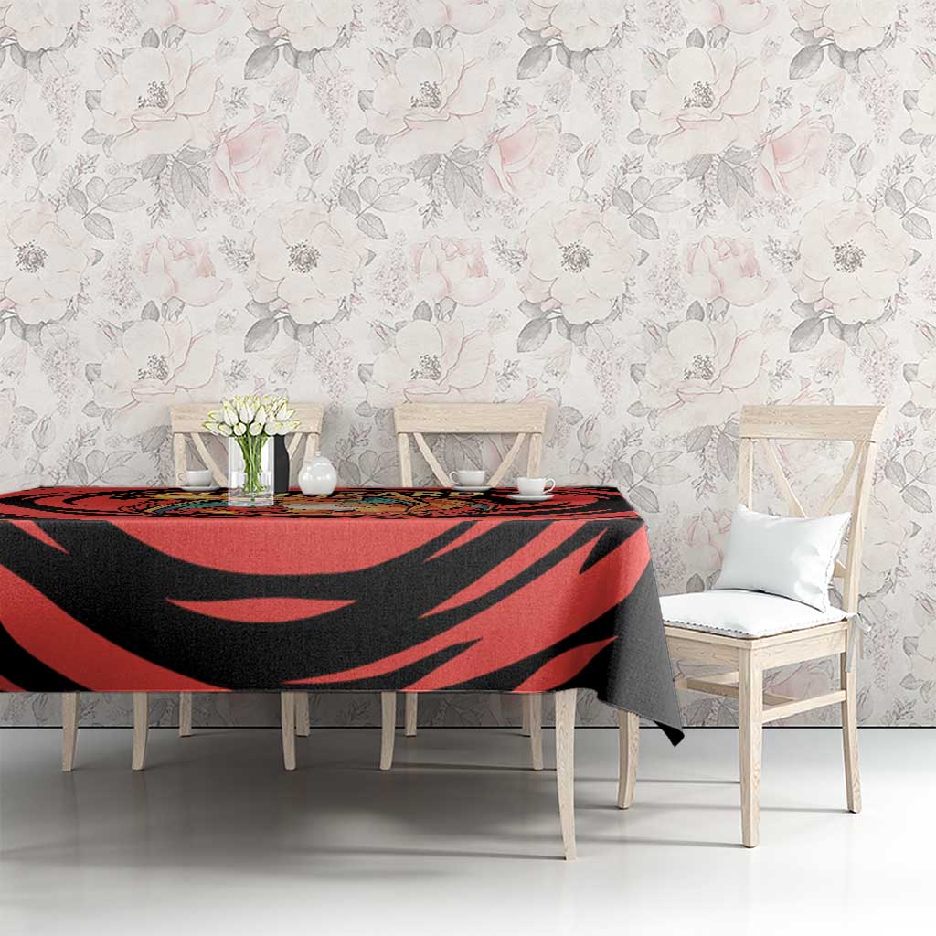 Charizard Pokémon Red and Black Swirl Design Tablecloth with Flames, Pokéball Accents, and Dynamic Fire-Breathing Pose - The Mazicc