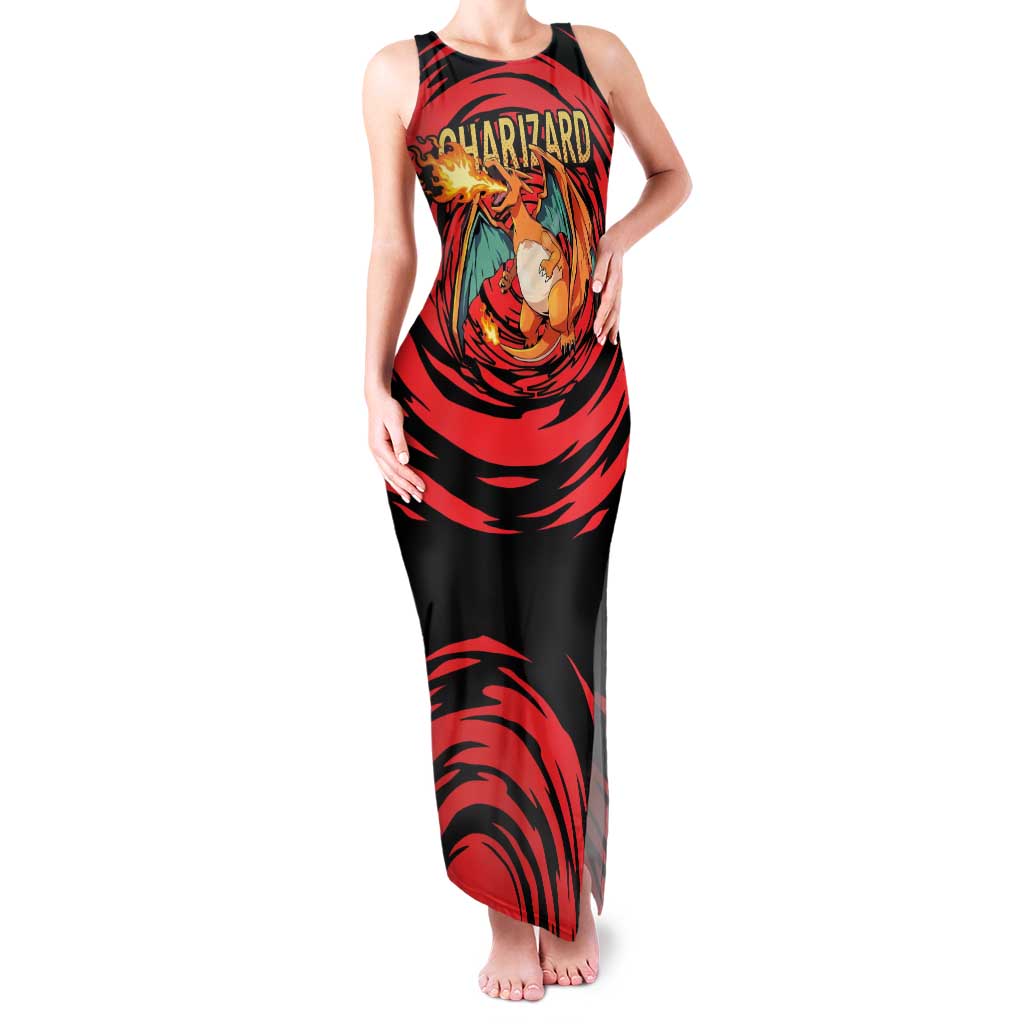 Charizard Pokémon Red and Black Swirl Design Tank Maxi Dress with Flames, Pokéball Accents, and Dynamic Fire-Breathing Pose - The Mazicc