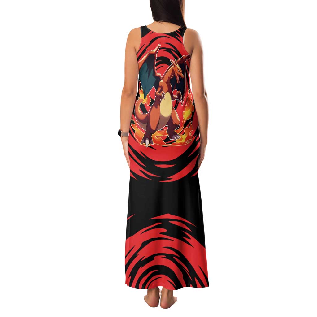 Charizard Pokémon Red and Black Swirl Design Tank Maxi Dress with Flames, Pokéball Accents, and Dynamic Fire-Breathing Pose - The Mazicc