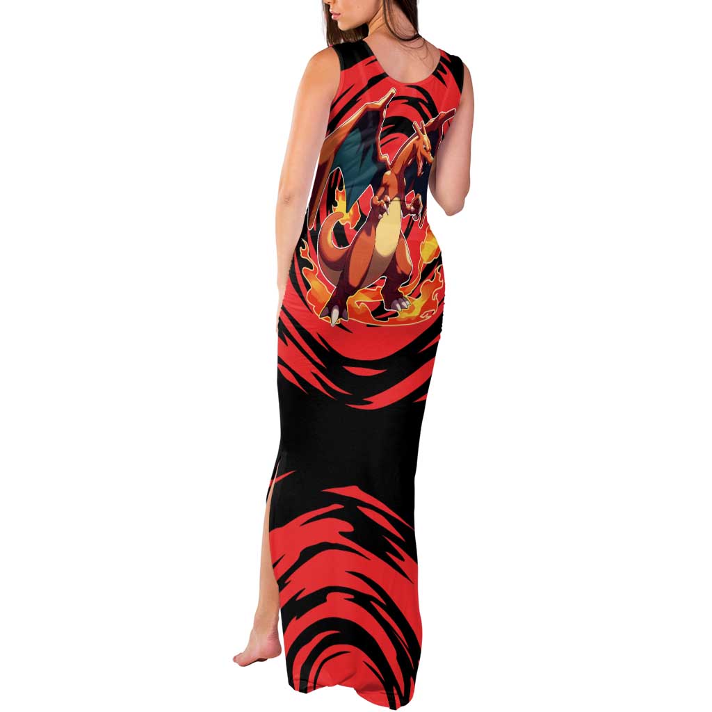 Charizard Pokémon Red and Black Swirl Design Tank Maxi Dress with Flames, Pokéball Accents, and Dynamic Fire-Breathing Pose - The Mazicc