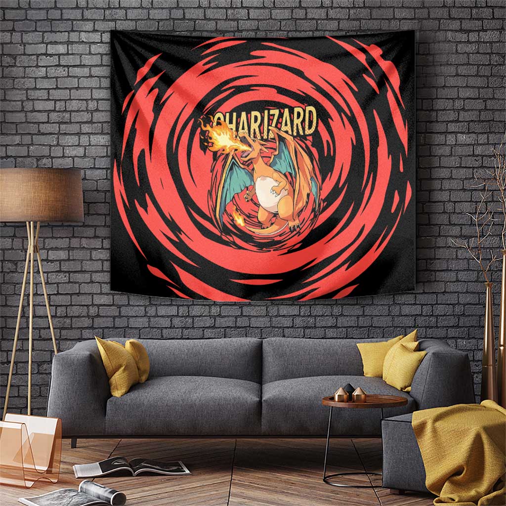 Charizard Pokémon Red and Black Swirl Design Tapestry with Flames, Pokéball Accents, and Dynamic Fire-Breathing Pose - The Mazicc
