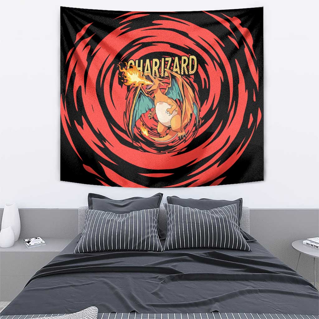 Charizard Pokémon Red and Black Swirl Design Tapestry with Flames, Pokéball Accents, and Dynamic Fire-Breathing Pose - The Mazicc