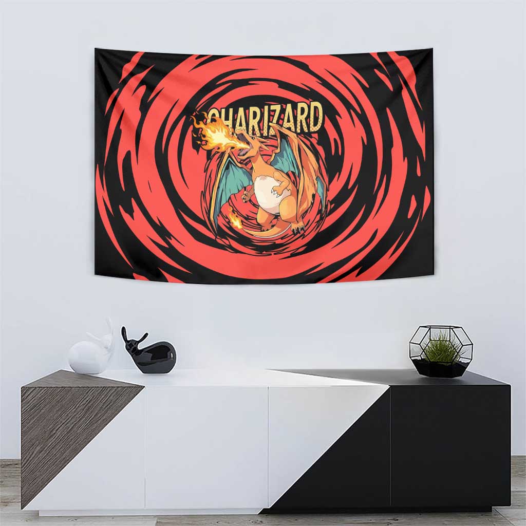 Charizard Pokémon Red and Black Swirl Design Tapestry with Flames, Pokéball Accents, and Dynamic Fire-Breathing Pose - The Mazicc
