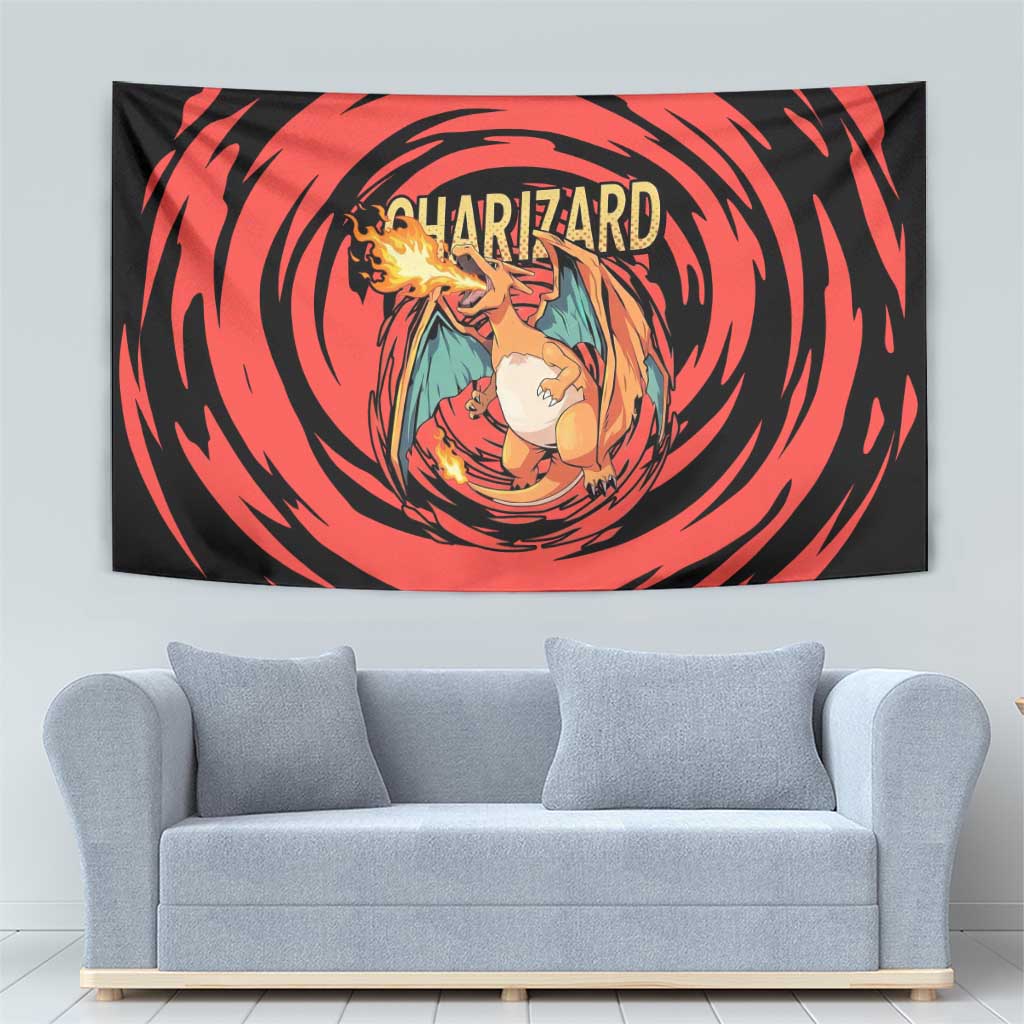 Charizard Pokémon Red and Black Swirl Design Tapestry with Flames, Pokéball Accents, and Dynamic Fire-Breathing Pose - The Mazicc