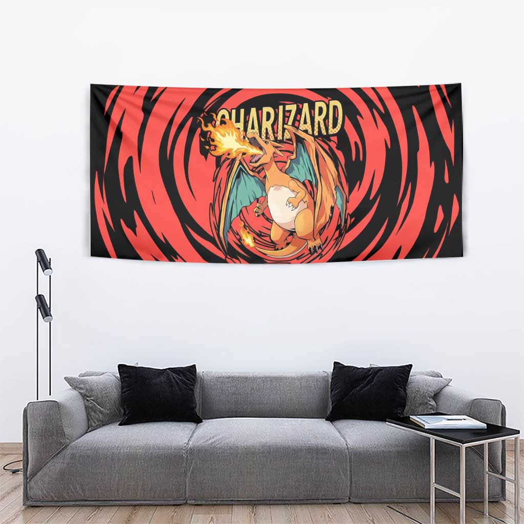 Charizard Pokémon Red and Black Swirl Design Tapestry with Flames, Pokéball Accents, and Dynamic Fire-Breathing Pose - The Mazicc
