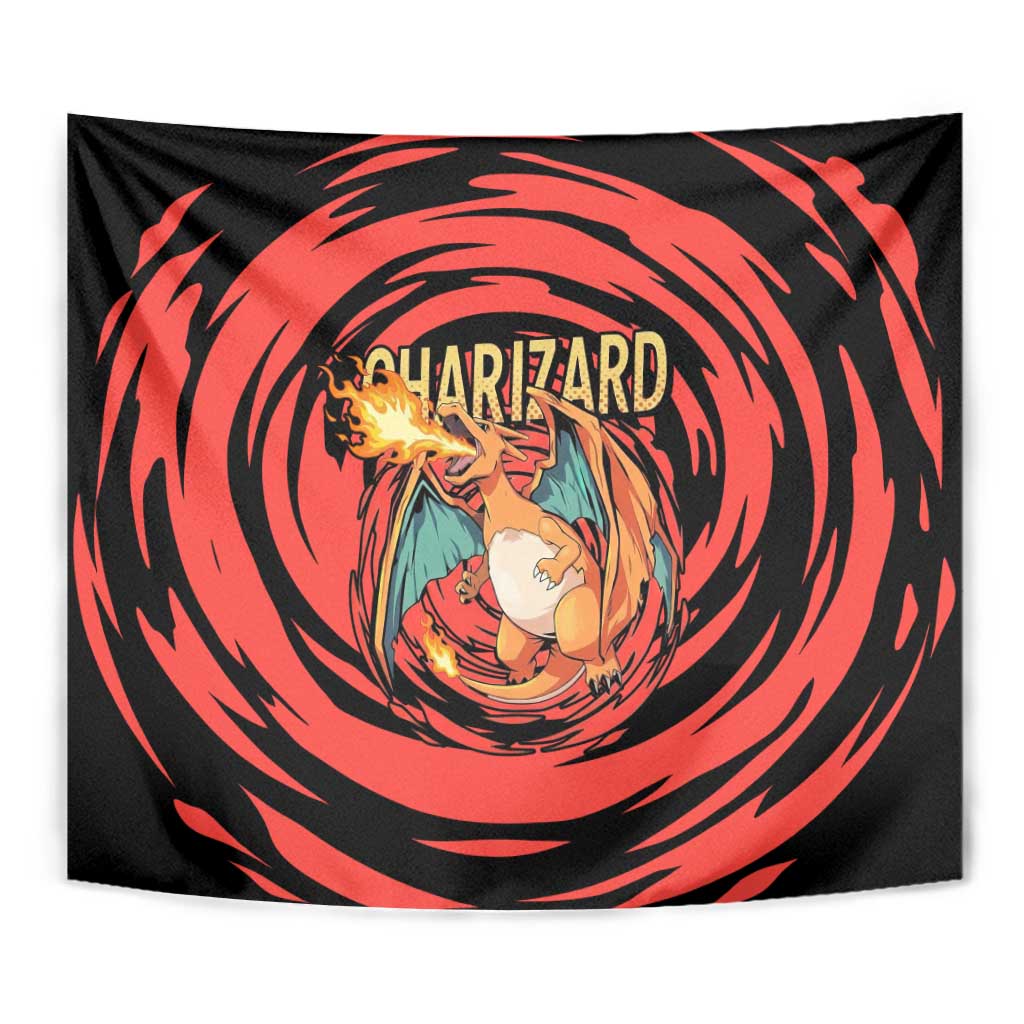 Charizard Pokémon Red and Black Swirl Design Tapestry with Flames, Pokéball Accents, and Dynamic Fire-Breathing Pose - The Mazicc