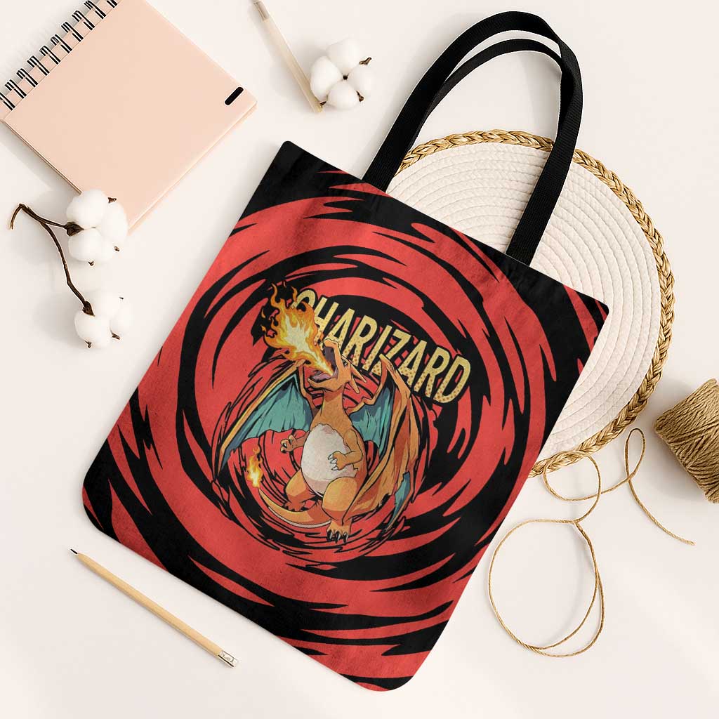 Charizard Pokémon Red and Black Swirl Design Tote Bag with Flames, Pokéball Accents, and Dynamic Fire-Breathing Pose - The Mazicc
