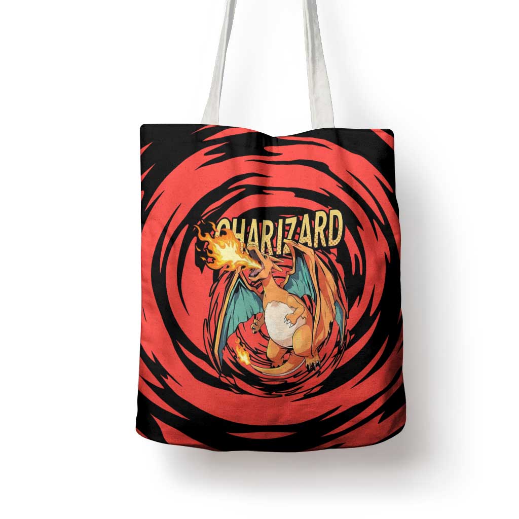 Charizard Pokémon Red and Black Swirl Design Tote Bag with Flames, Pokéball Accents, and Dynamic Fire-Breathing Pose - The Mazicc