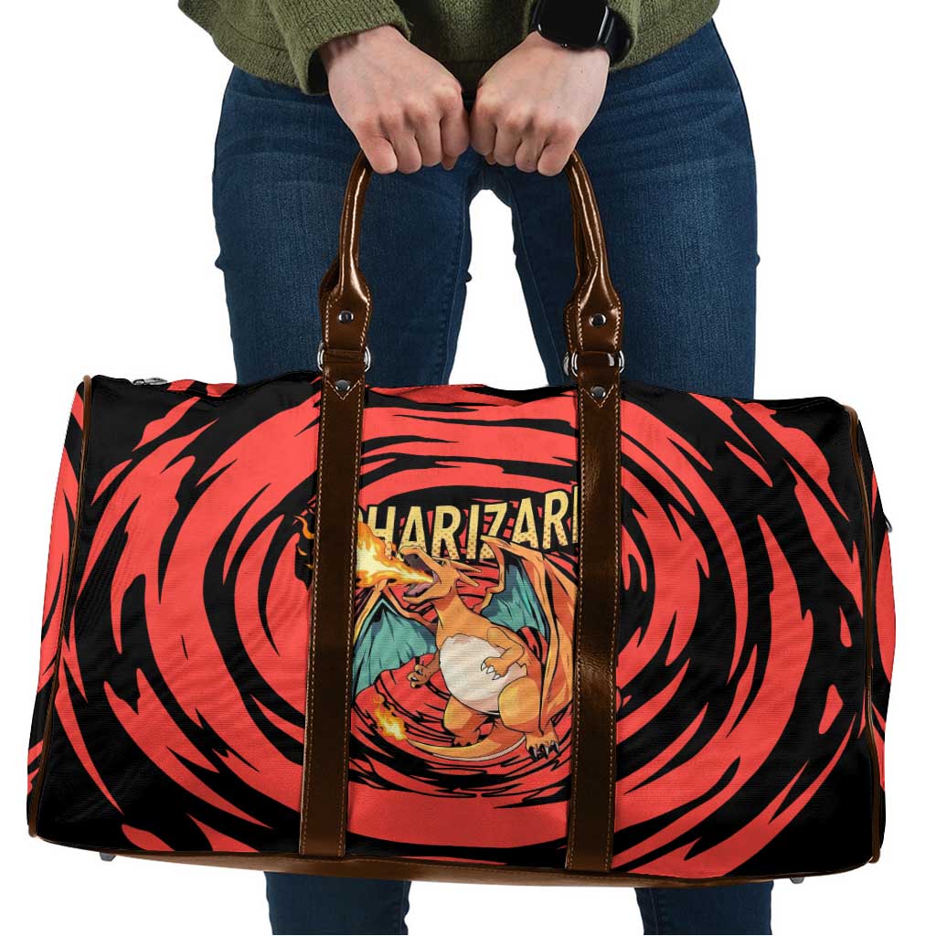 Charizard Pokémon Red and Black Swirl Design Travel Bag with Flames, Pokéball Accents, and Dynamic Fire-Breathing Pose - The Mazicc