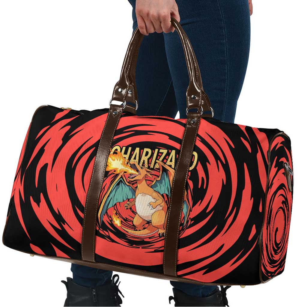 Charizard Pokémon Red and Black Swirl Design Travel Bag with Flames, Pokéball Accents, and Dynamic Fire-Breathing Pose - The Mazicc