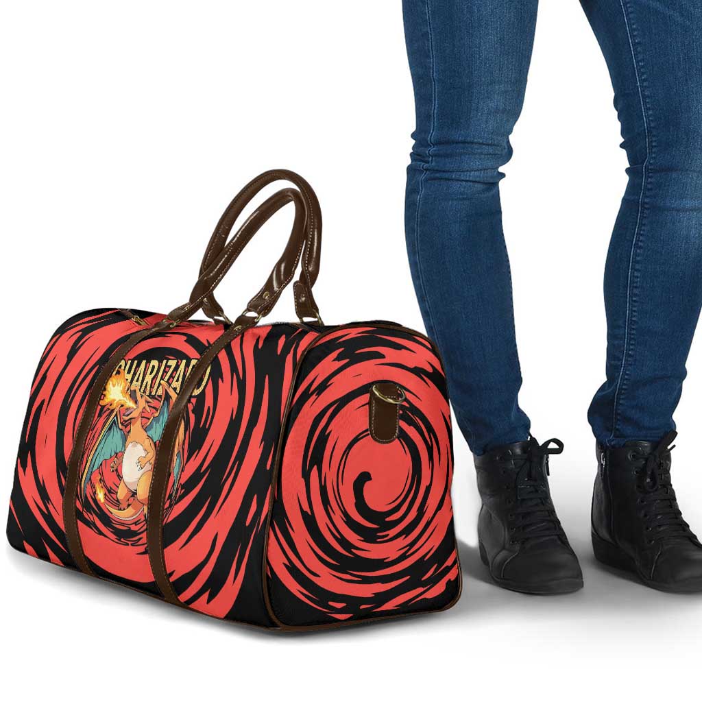 Charizard Pokémon Red and Black Swirl Design Travel Bag with Flames, Pokéball Accents, and Dynamic Fire-Breathing Pose - The Mazicc