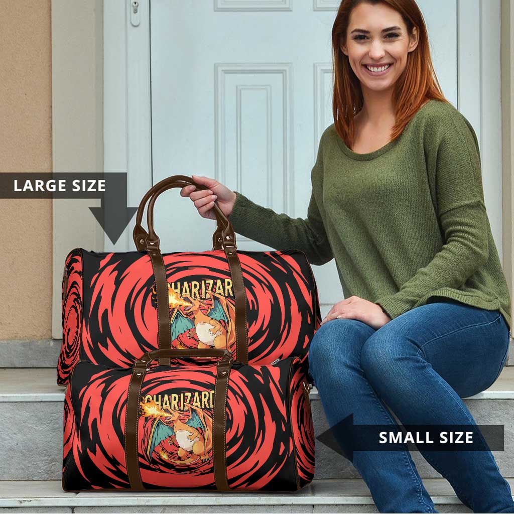 Charizard Pokémon Red and Black Swirl Design Travel Bag with Flames, Pokéball Accents, and Dynamic Fire-Breathing Pose - The Mazicc