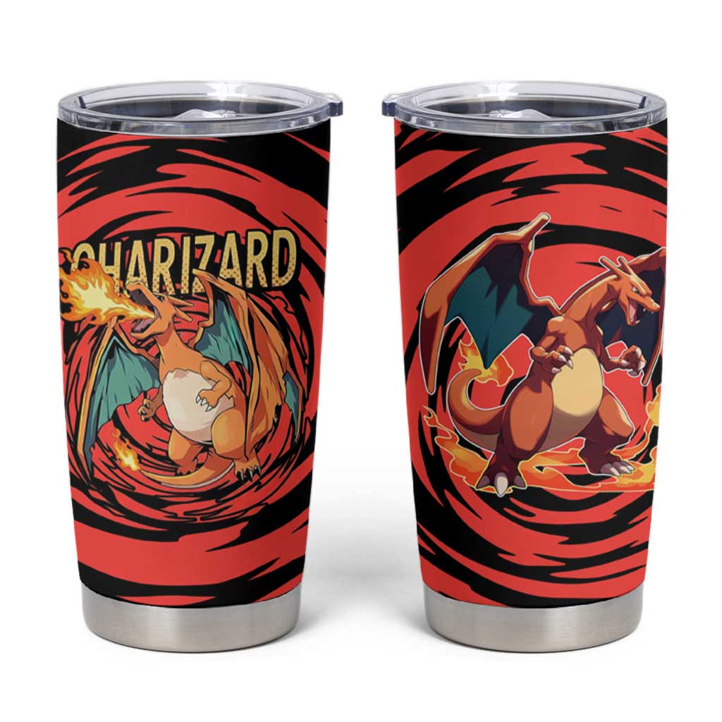 Charizard Pokémon Red and Black Swirl Design Tumbler Cup with Flames, Pokéball Accents, and Dynamic Fire-Breathing Pose - The Mazicc