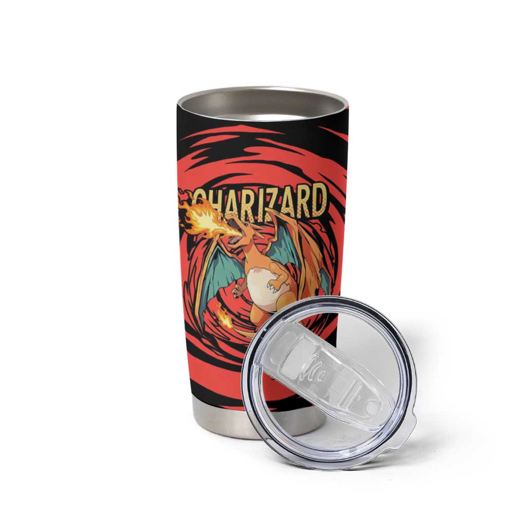 Charizard Pokémon Red and Black Swirl Design Tumbler Cup with Flames, Pokéball Accents, and Dynamic Fire-Breathing Pose - The Mazicc