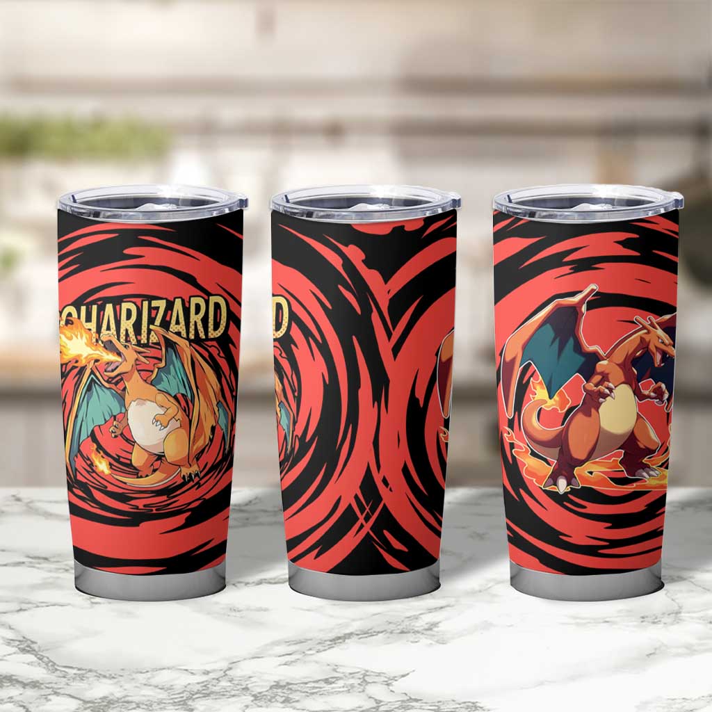 Charizard Pokémon Red and Black Swirl Design Tumbler Cup with Flames, Pokéball Accents, and Dynamic Fire-Breathing Pose - The Mazicc
