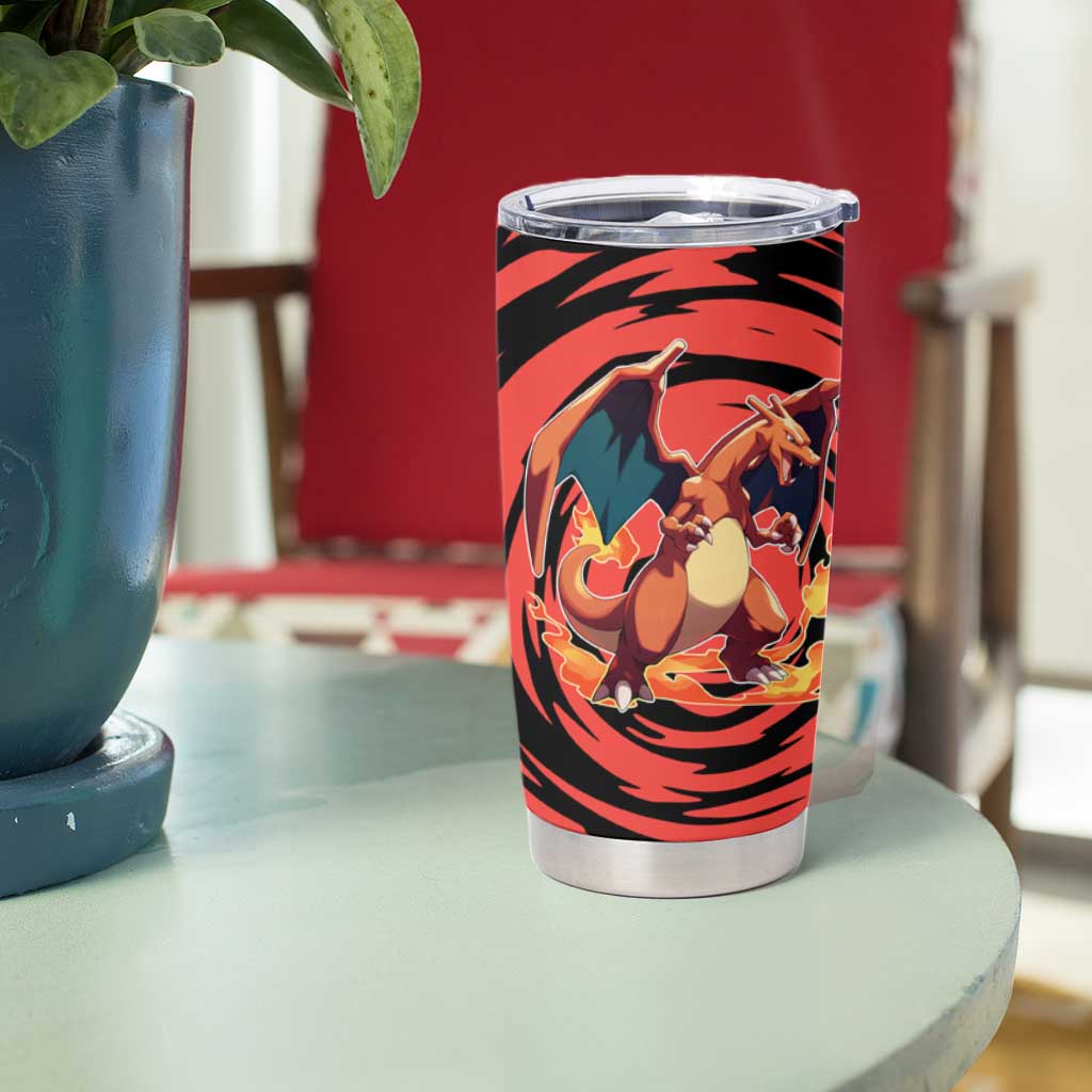 Charizard Pokémon Red and Black Swirl Design Tumbler Cup with Flames, Pokéball Accents, and Dynamic Fire-Breathing Pose - The Mazicc