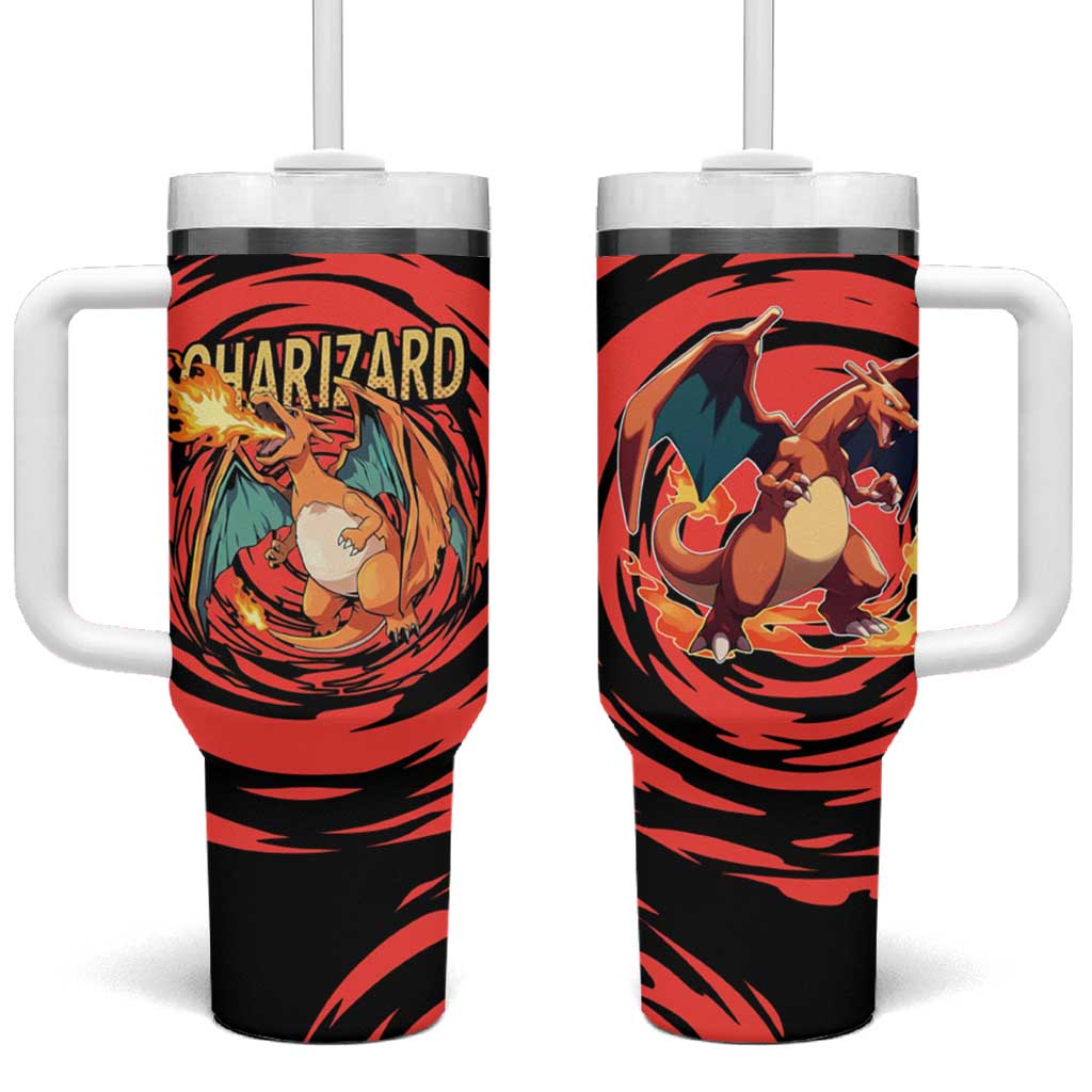 Charizard Pokémon Red and Black Swirl Design Tumbler With Handle with Flames, Pokéball Accents, and Dynamic Fire-Breathing Pose - The Mazicc
