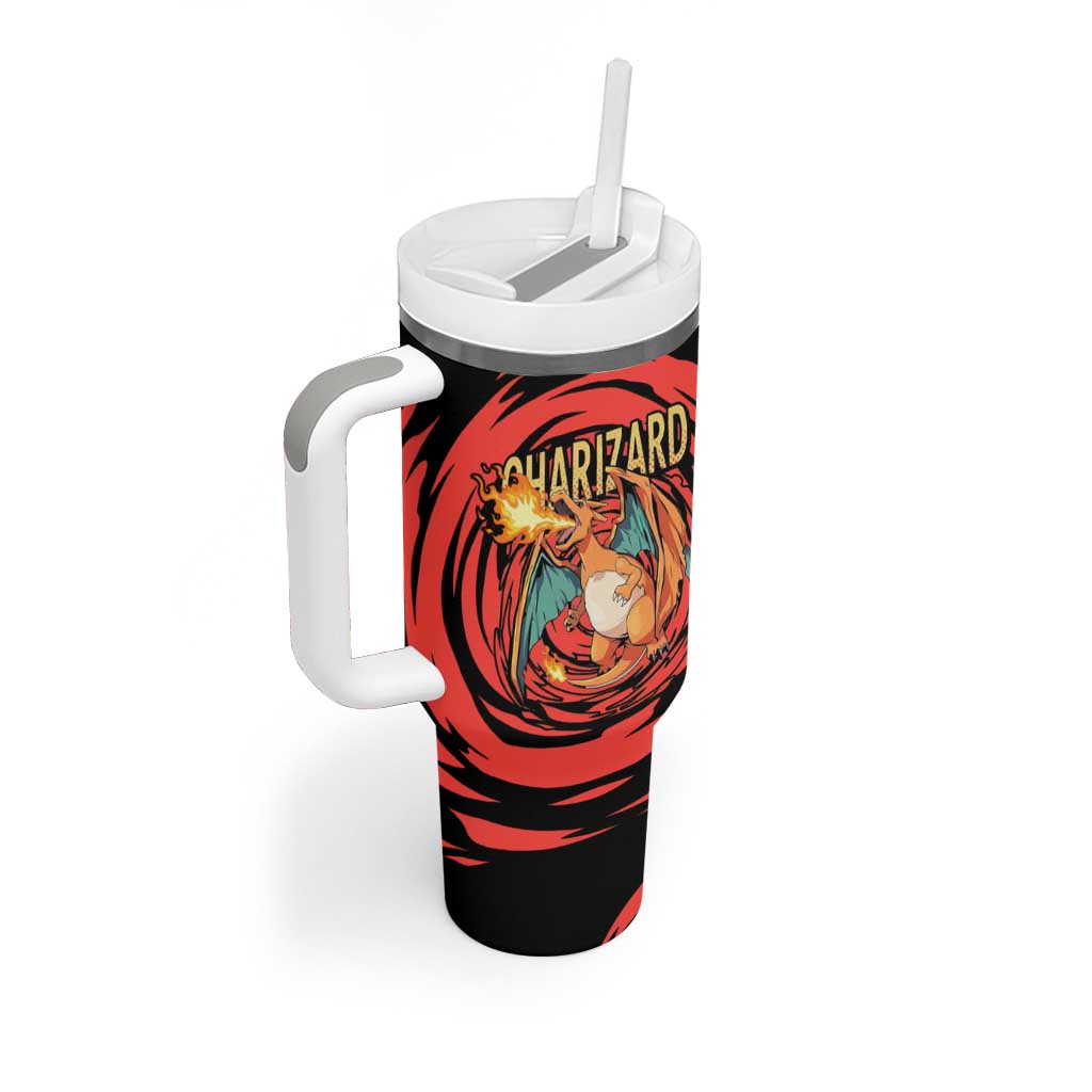 Charizard Pokémon Red and Black Swirl Design Tumbler With Handle with Flames, Pokéball Accents, and Dynamic Fire-Breathing Pose - The Mazicc