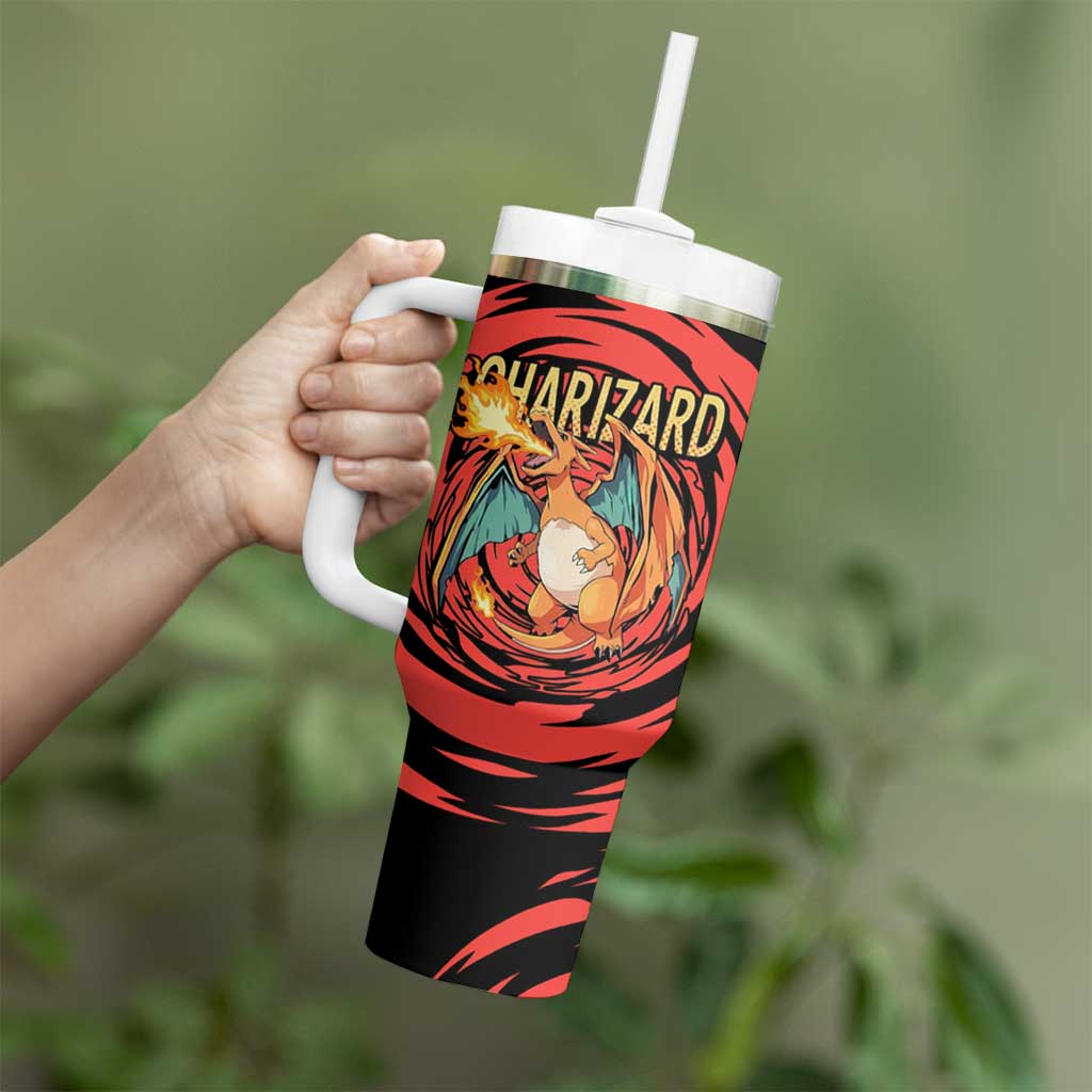 Charizard Pokémon Red and Black Swirl Design Tumbler With Handle with Flames, Pokéball Accents, and Dynamic Fire-Breathing Pose - The Mazicc