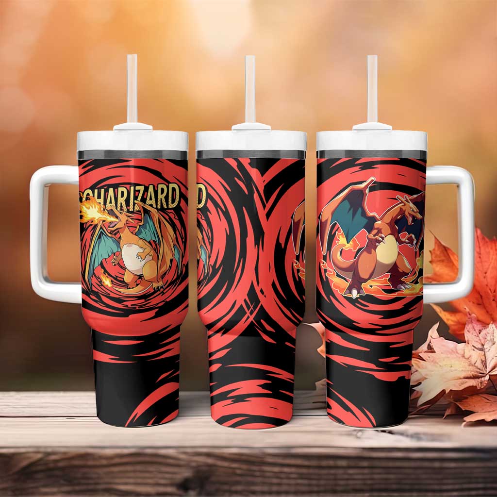 Charizard Pokémon Red and Black Swirl Design Tumbler With Handle with Flames, Pokéball Accents, and Dynamic Fire-Breathing Pose - The Mazicc
