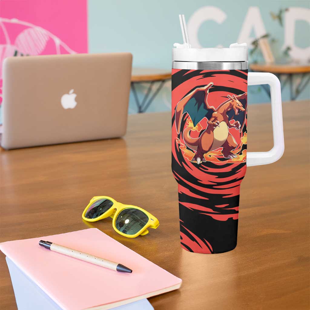 Charizard Pokémon Red and Black Swirl Design Tumbler With Handle with Flames, Pokéball Accents, and Dynamic Fire-Breathing Pose - The Mazicc