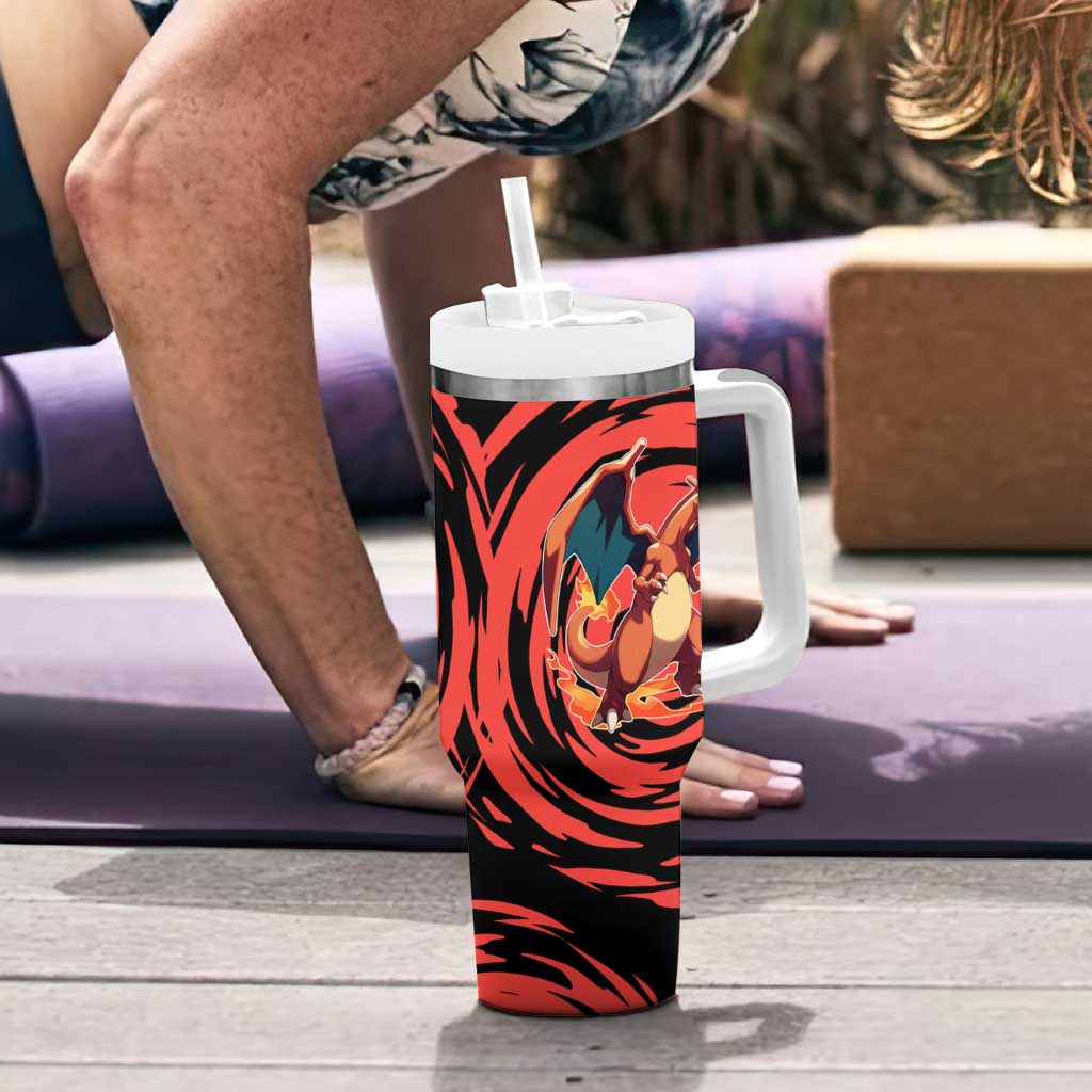 Charizard Pokémon Red and Black Swirl Design Tumbler With Handle with Flames, Pokéball Accents, and Dynamic Fire-Breathing Pose - The Mazicc