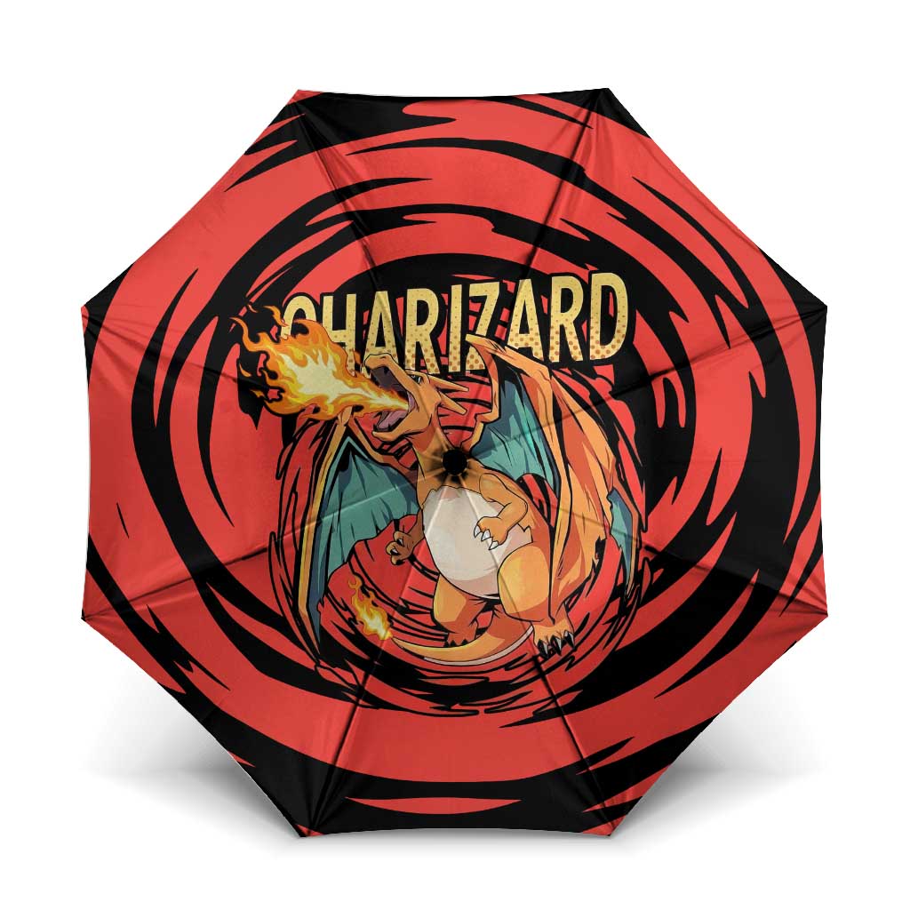 Charizard Pokémon Red and Black Swirl Design Umbrella with Flames, Pokéball Accents, and Dynamic Fire-Breathing Pose - The Mazicc