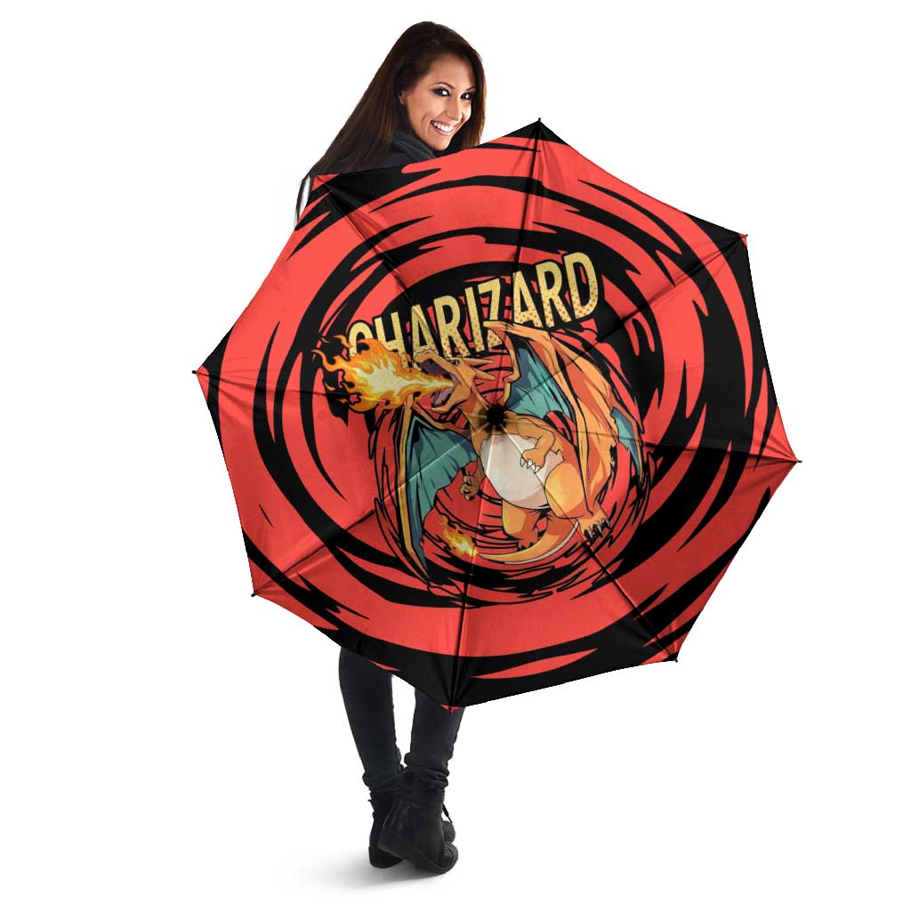 Charizard Pokémon Red and Black Swirl Design Umbrella with Flames, Pokéball Accents, and Dynamic Fire-Breathing Pose - The Mazicc