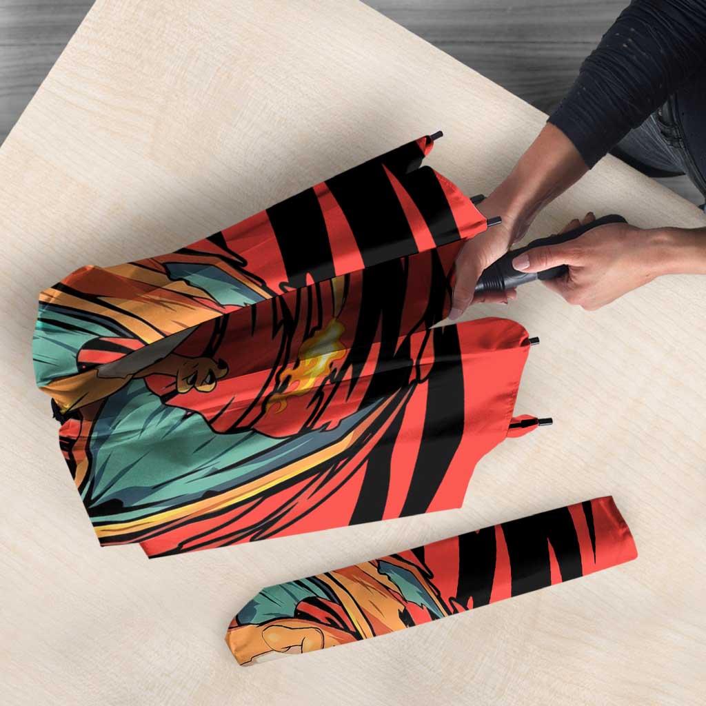 Charizard Pokémon Red and Black Swirl Design Umbrella with Flames, Pokéball Accents, and Dynamic Fire-Breathing Pose - The Mazicc