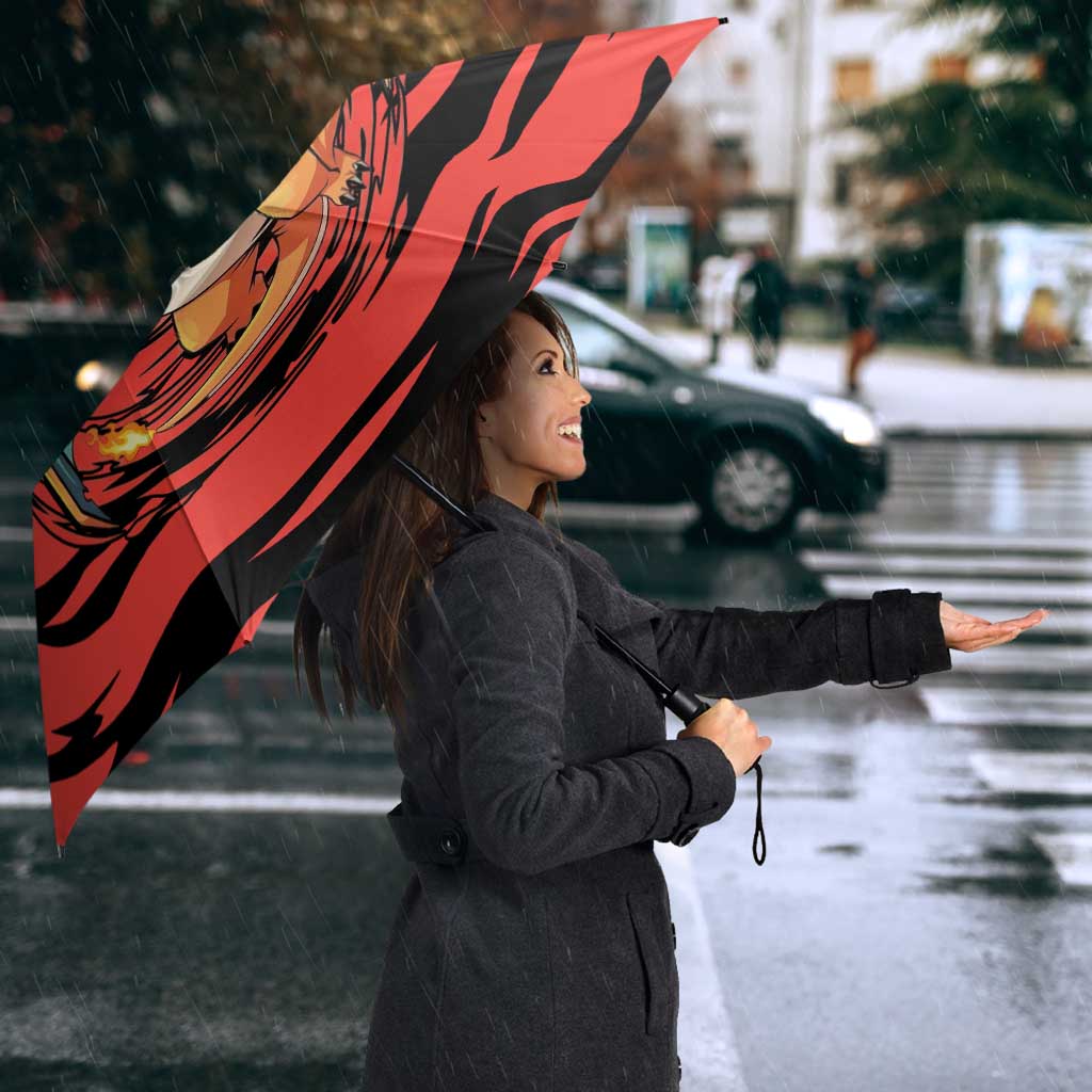 Charizard Pokémon Red and Black Swirl Design Umbrella with Flames, Pokéball Accents, and Dynamic Fire-Breathing Pose - The Mazicc