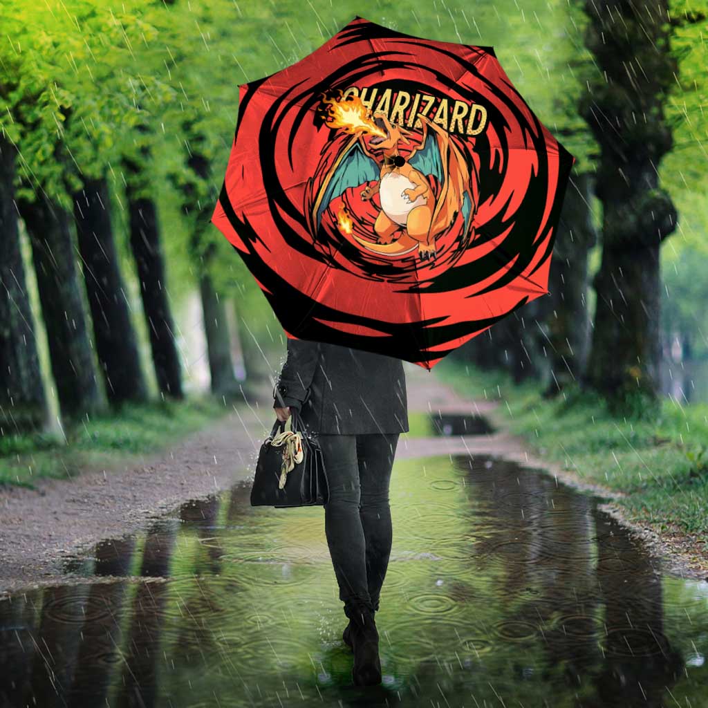 Charizard Pokémon Red and Black Swirl Design Umbrella with Flames, Pokéball Accents, and Dynamic Fire-Breathing Pose - The Mazicc