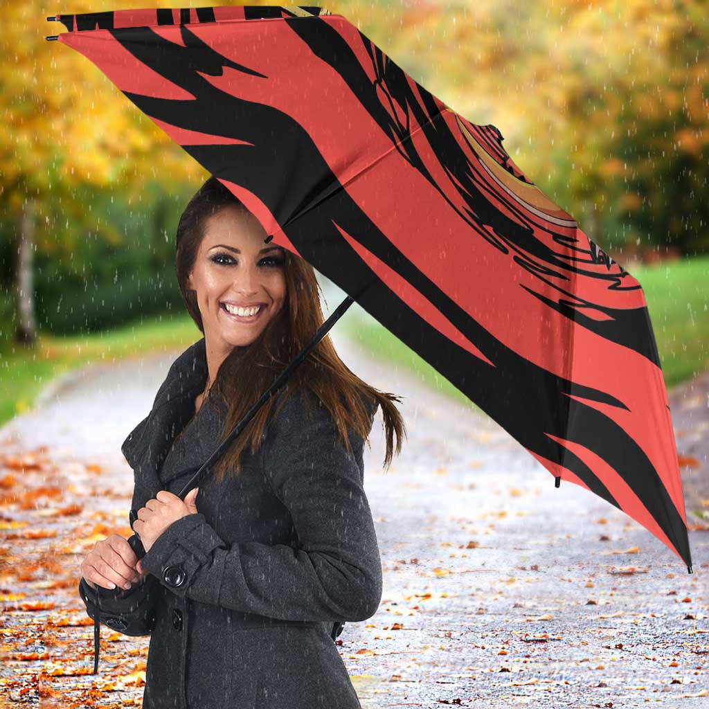 Charizard Pokémon Red and Black Swirl Design Umbrella with Flames, Pokéball Accents, and Dynamic Fire-Breathing Pose - The Mazicc