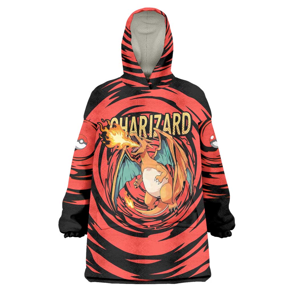 Charizard Pokémon Red and Black Swirl Design Wearable Blanket Hoodie with Flames, Pokéball Accents, and Dynamic Fire-Breathing Pose - The Mazicc