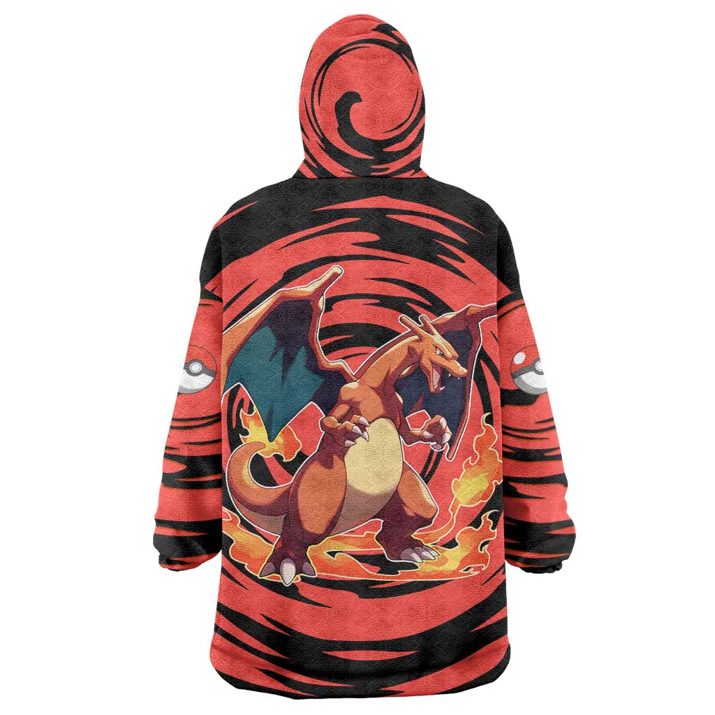 Charizard Pokémon Red and Black Swirl Design Wearable Blanket Hoodie with Flames, Pokéball Accents, and Dynamic Fire-Breathing Pose - The Mazicc