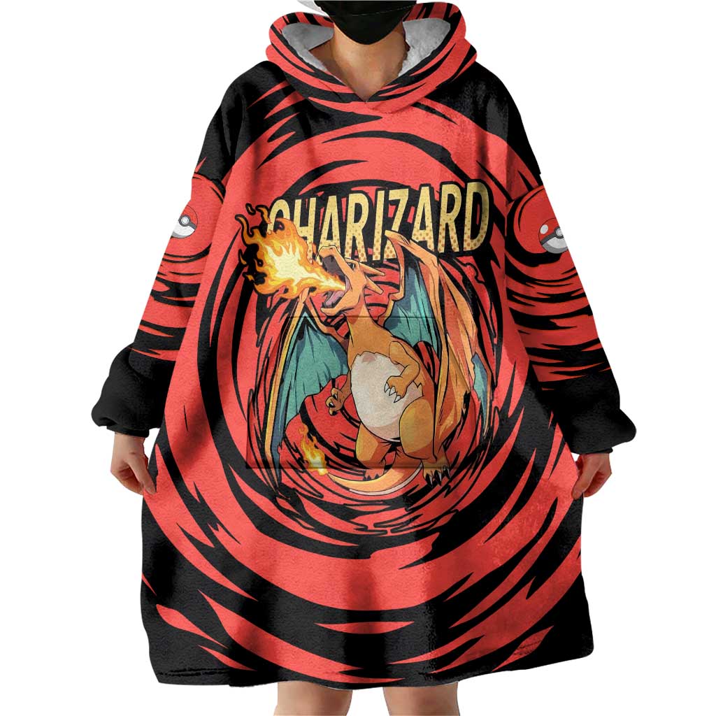 Charizard Pokémon Red and Black Swirl Design Wearable Blanket Hoodie with Flames, Pokéball Accents, and Dynamic Fire-Breathing Pose - The Mazicc