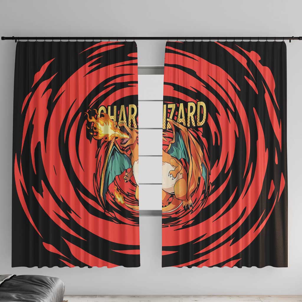 Charizard Pokémon Red and Black Swirl Design Window Curtain with Flames, Pokéball Accents, and Dynamic Fire-Breathing Pose - The Mazicc