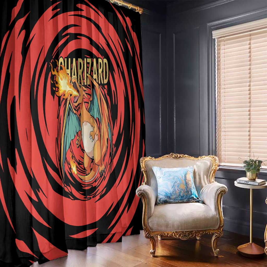 Charizard Pokémon Red and Black Swirl Design Window Curtain with Flames, Pokéball Accents, and Dynamic Fire-Breathing Pose - The Mazicc