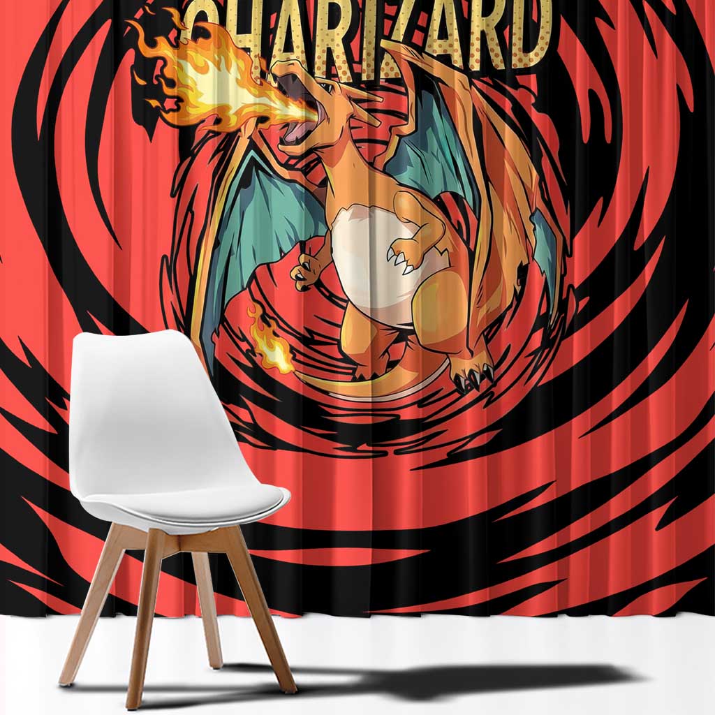 Charizard Pokémon Red and Black Swirl Design Window Curtain with Flames, Pokéball Accents, and Dynamic Fire-Breathing Pose - The Mazicc