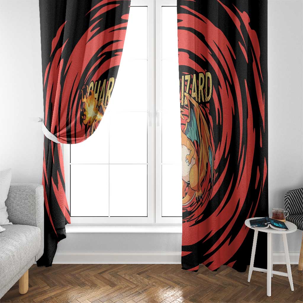 Charizard Pokémon Red and Black Swirl Design Window Curtain with Flames, Pokéball Accents, and Dynamic Fire-Breathing Pose - The Mazicc
