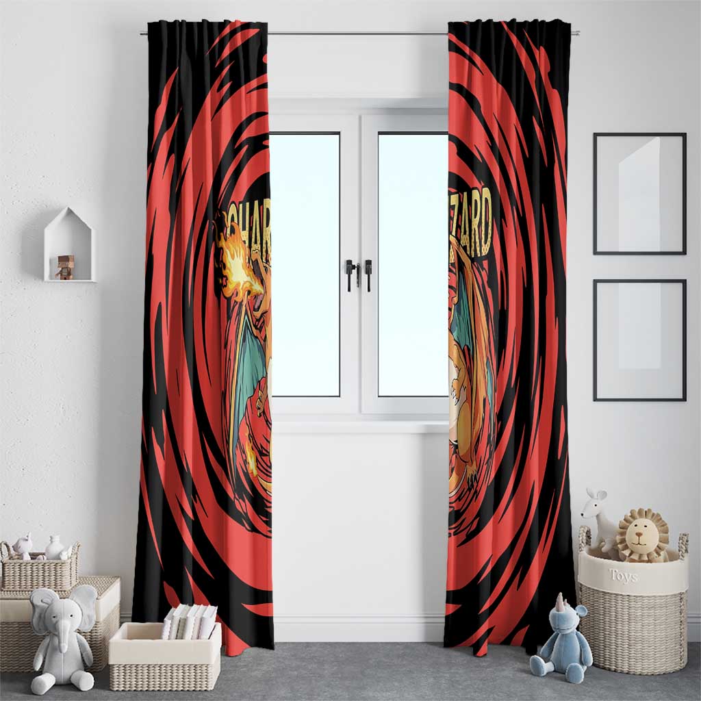 Charizard Pokémon Red and Black Swirl Design Window Curtain with Flames, Pokéball Accents, and Dynamic Fire-Breathing Pose - The Mazicc