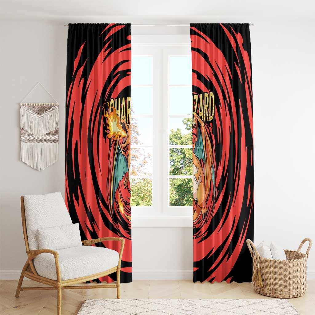 Charizard Pokémon Red and Black Swirl Design Window Curtain with Flames, Pokéball Accents, and Dynamic Fire-Breathing Pose - The Mazicc