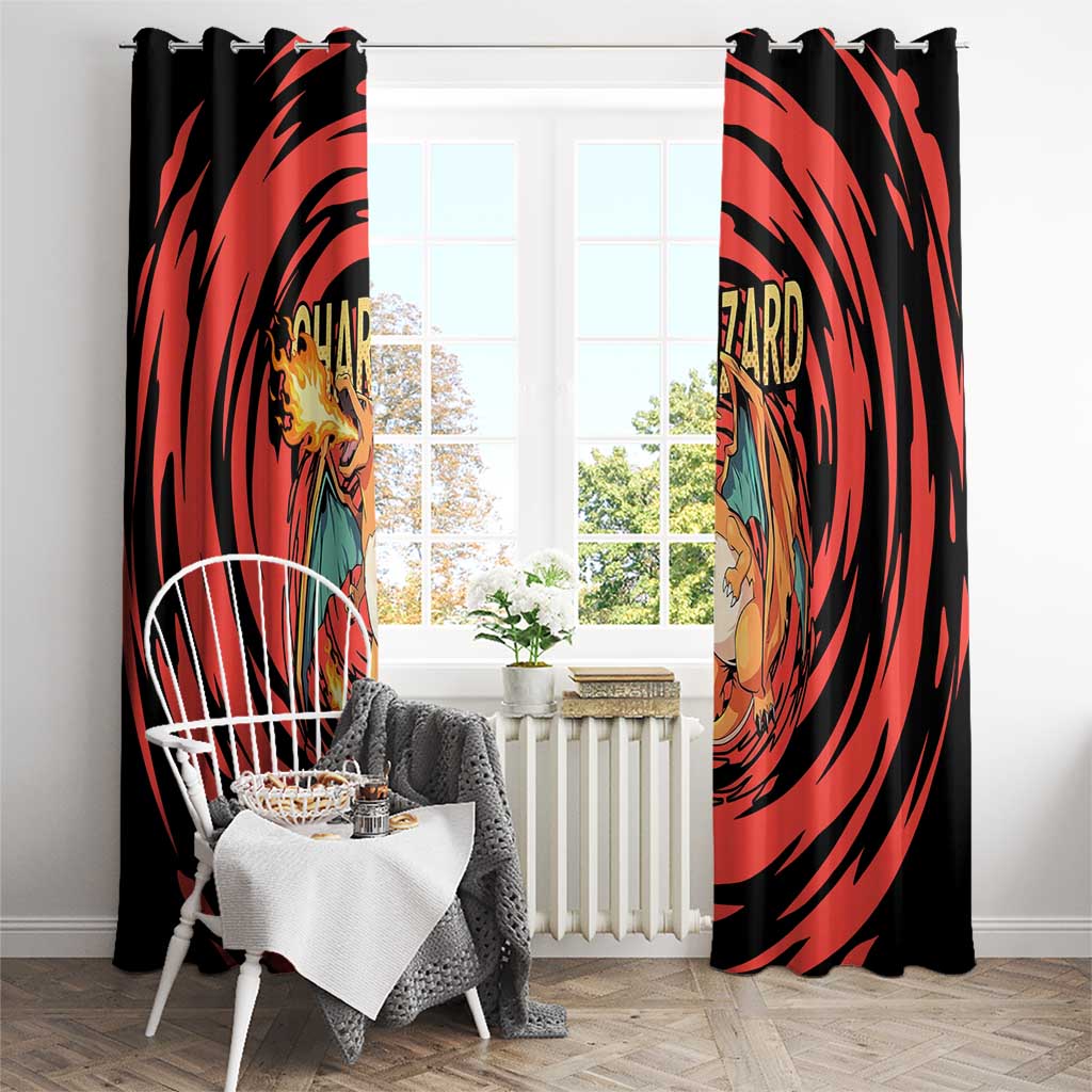 Charizard Pokémon Red and Black Swirl Design Window Curtain with Flames, Pokéball Accents, and Dynamic Fire-Breathing Pose - The Mazicc